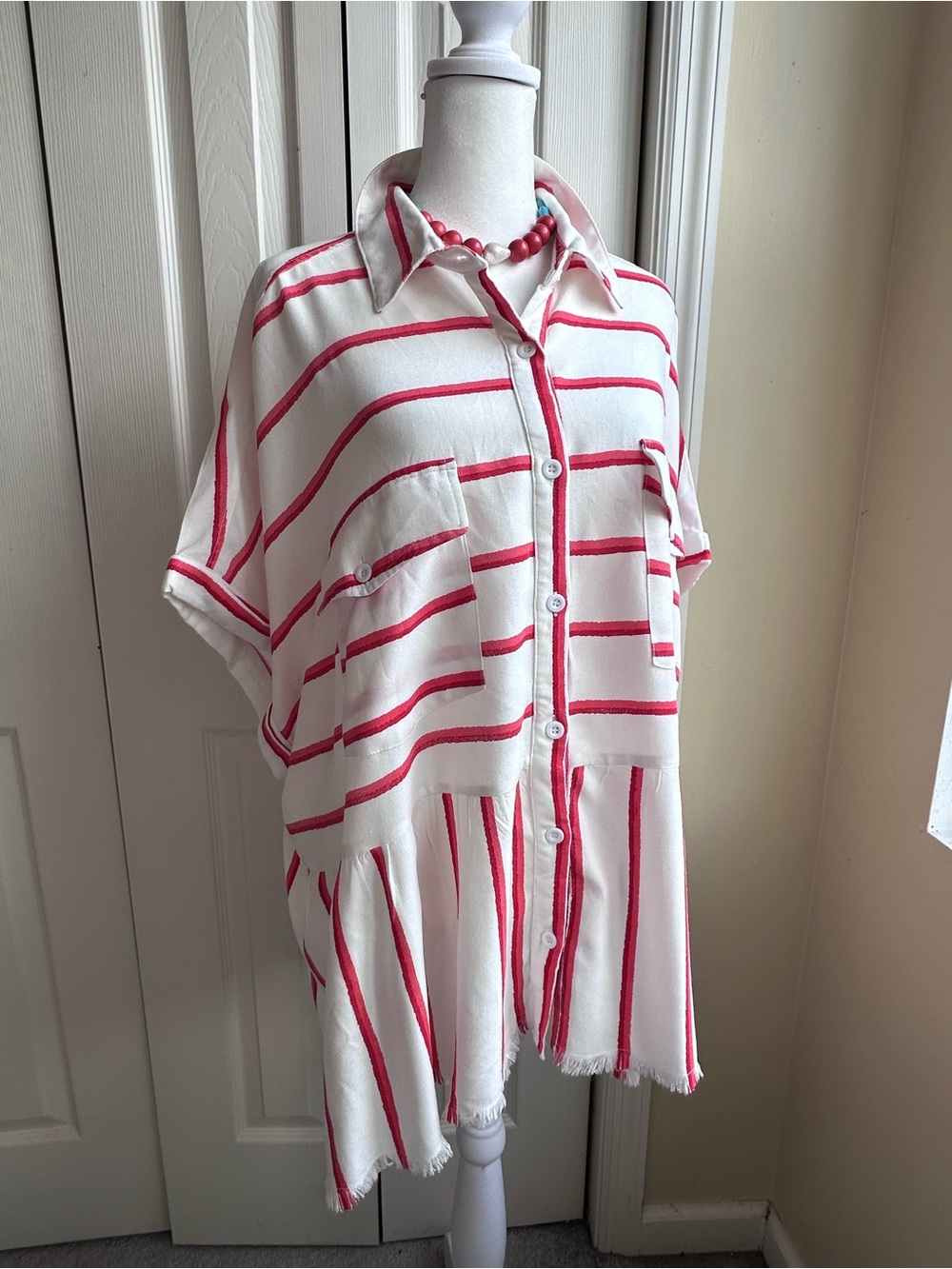 white birch White Top with Two-Tone Red Stripes